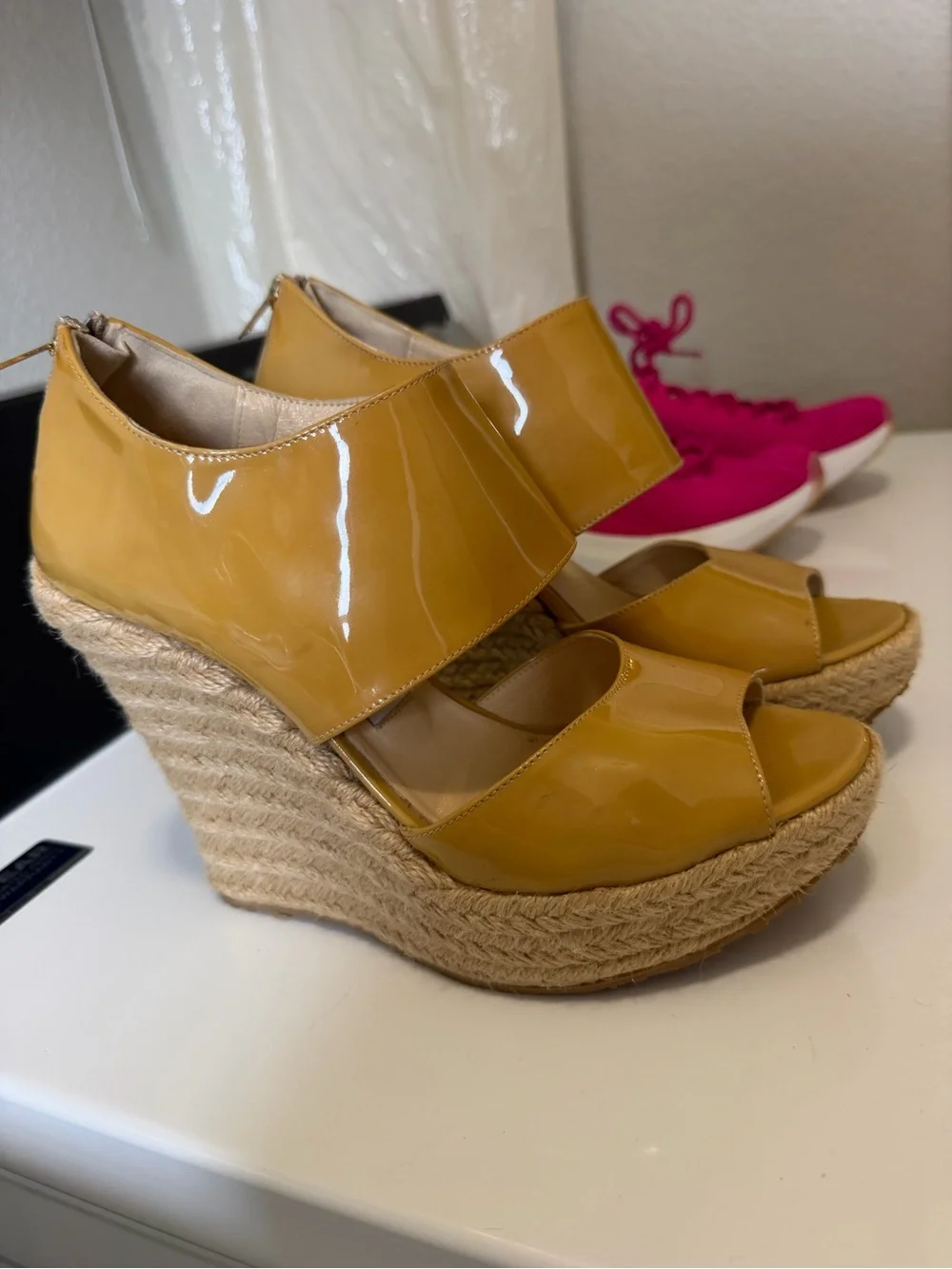 Jimmy Choo Patent Leather Espadrille Wedge Sandals Mustard Gold EU 39 US 9